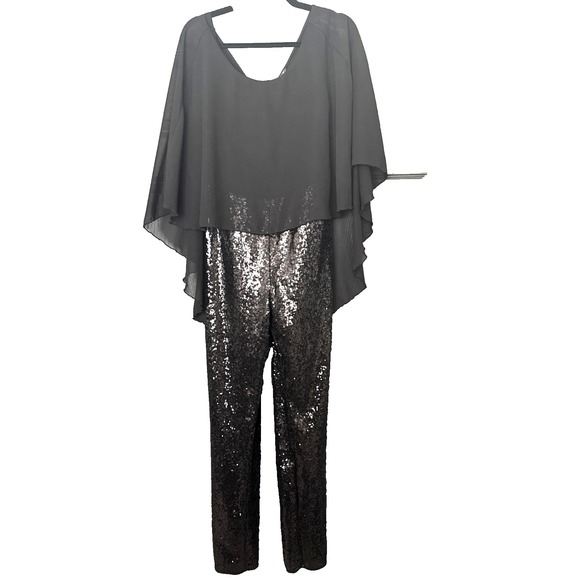 VENUS Pants - Venus Size 12 Black  Jumpsuit NYE Festival Holiday Sequins Caped Fairy Grunge
